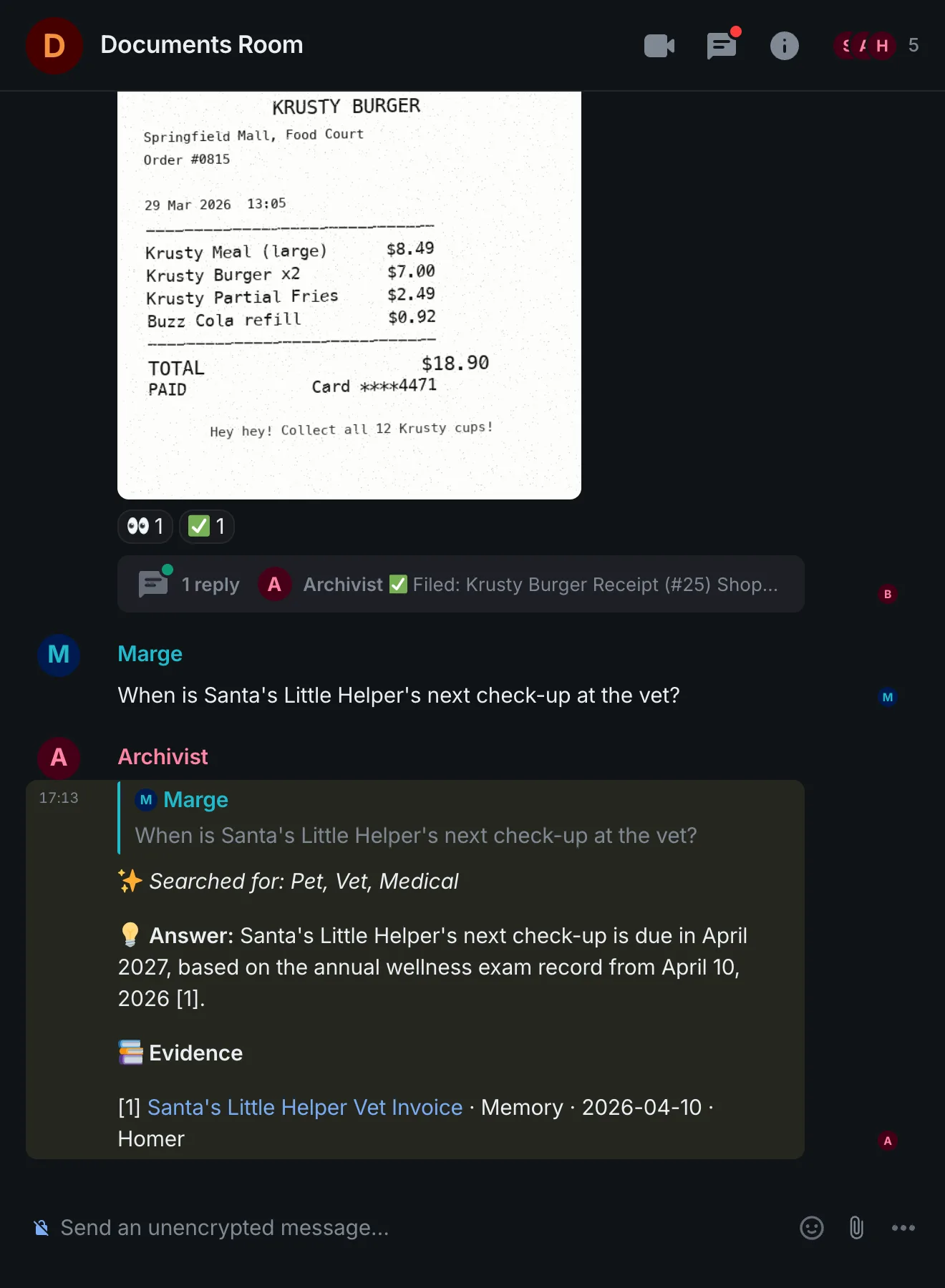 Element chat in the Documents room: Marge asks when the dog's next vet check-up is; the archivist answers April 2027 and links the vet invoice as evidence