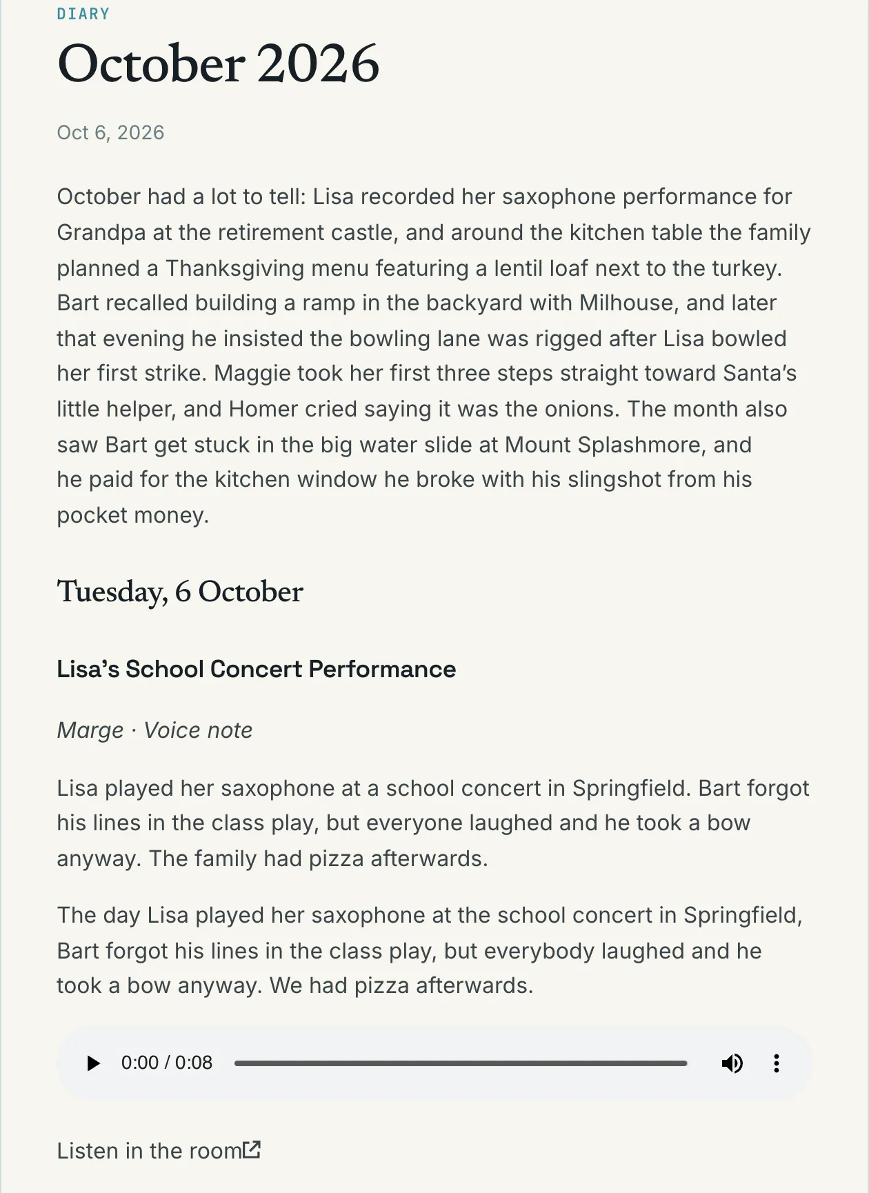 The October diary page of the Simpsons demo family: a summary of the month, then Marge's voice note about Lisa's school concert with summary, transcript and audio player