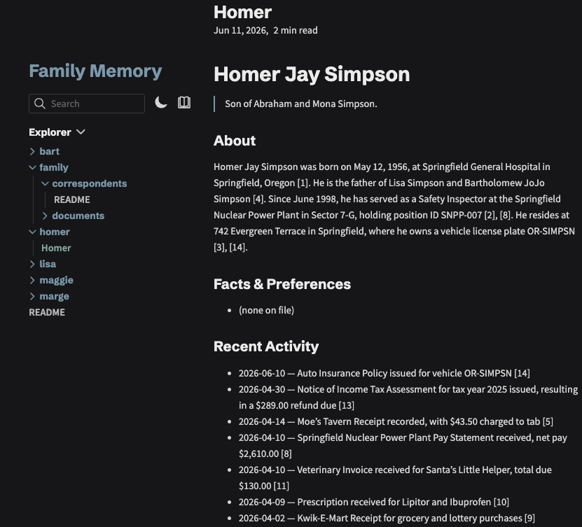 Homer's generated member page: About section, facts, and recent activity, every line citing a source document